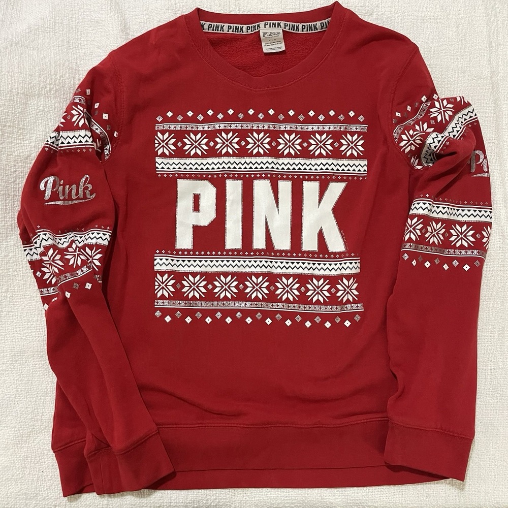Victoria's Secret PINK Christmas Sweatshirt Happy Holla Days Red Women's Large